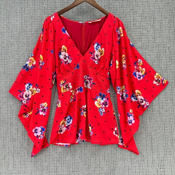Wayward Fancies eShakti Blouse Womens S Red Floral V-Neck Bell Sleeve Lined - Picture 1 of 14